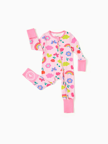 Bamboo Baby Boy / Girl 3-Pack Solid&Rainbow Printed 2-Way Zipper Anti Slip Long-sleeve Footie Pink