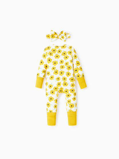 Bamboo Baby Boy/Girl Animal Printed 2-Way Zipper Anti Slip Long-sleeve Footie with/without Hairband Yellow