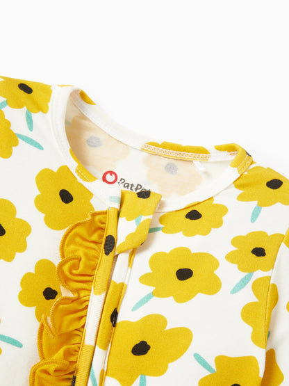 Bamboo Baby Boy/Girl Animal Printed 2-Way Zipper Anti Slip Long-sleeve Footie with/without Hairband Yellow