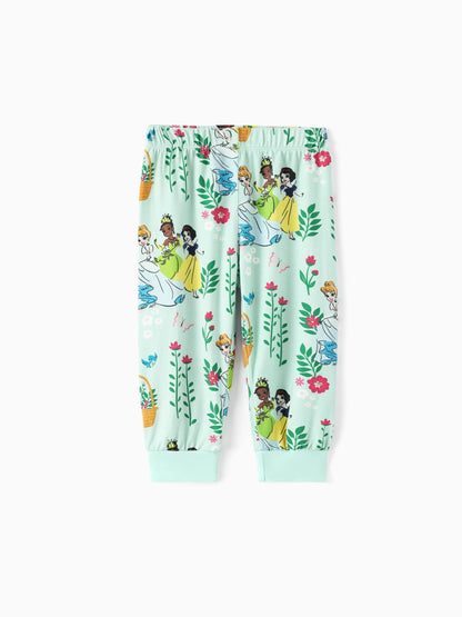 Disney Princess Baby Girl 2pcs Tiana/Cinderella/Snow White Bamboo Ruffle Sleeves Top and Leggings Set Green