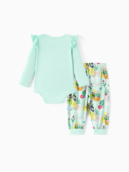 Disney Princess Baby Girl 2pcs Tiana/Cinderella/Snow White Bamboo Ruffle Sleeves Top and Leggings Set Green