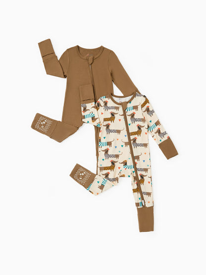 Bamboo Baby Boy/Girl 2-Pack Solid&Bee Printed 2-Way Zipper Anti Slip Footie Coffee