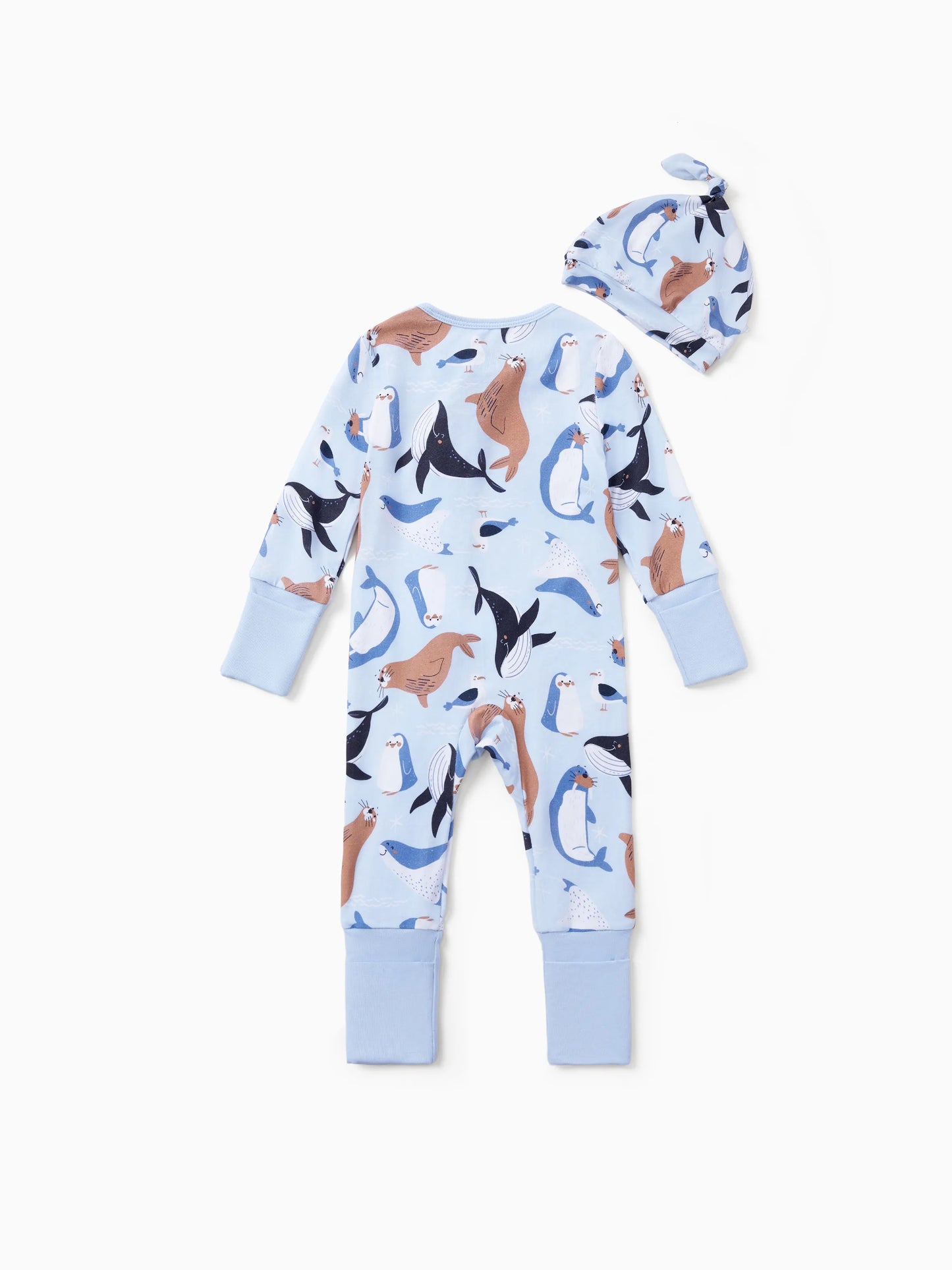 Bamboo Baby Boy/Girl Animal Printed 2-Way Zip Onesies Anti Slip Long-sleeve Footie with Hairband Royal Blue