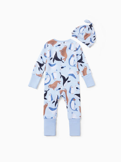 Bamboo Baby Boy/Girl Animal Printed 2-Way Zip Onesies Anti Slip Long-sleeve Footie with Hairband Royal Blue