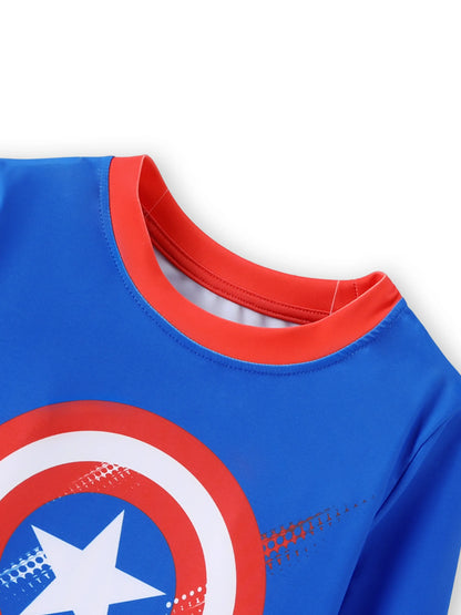 Marvel Toddler/Kid Boy 2pcs Captain America UPF50+ Allover Print Tops and Trunks Swimsuit Set Blue