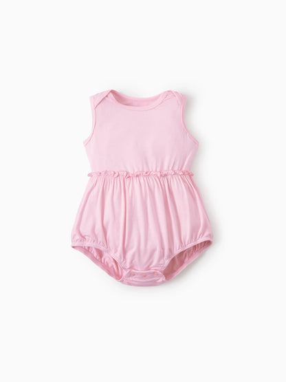 Bamboo Baby Girl Solid Color and Cartoon Animal Pattern 2-Piece Sleeveless Dress With Bodysuit Set Pink
