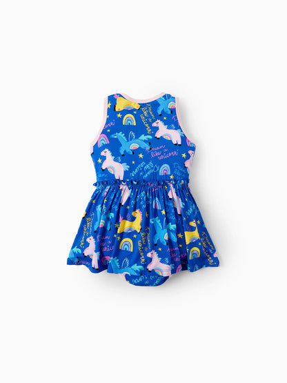 Bamboo Baby Girl Solid Color and Cartoon Animal Pattern 2-Piece Sleeveless Dress With Bodysuit Set Pink