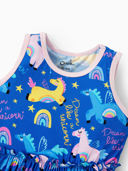 Bamboo Baby Girl Solid Color and Cartoon Animal Pattern 2-Piece Sleeveless Dress With Bodysuit Set Pink