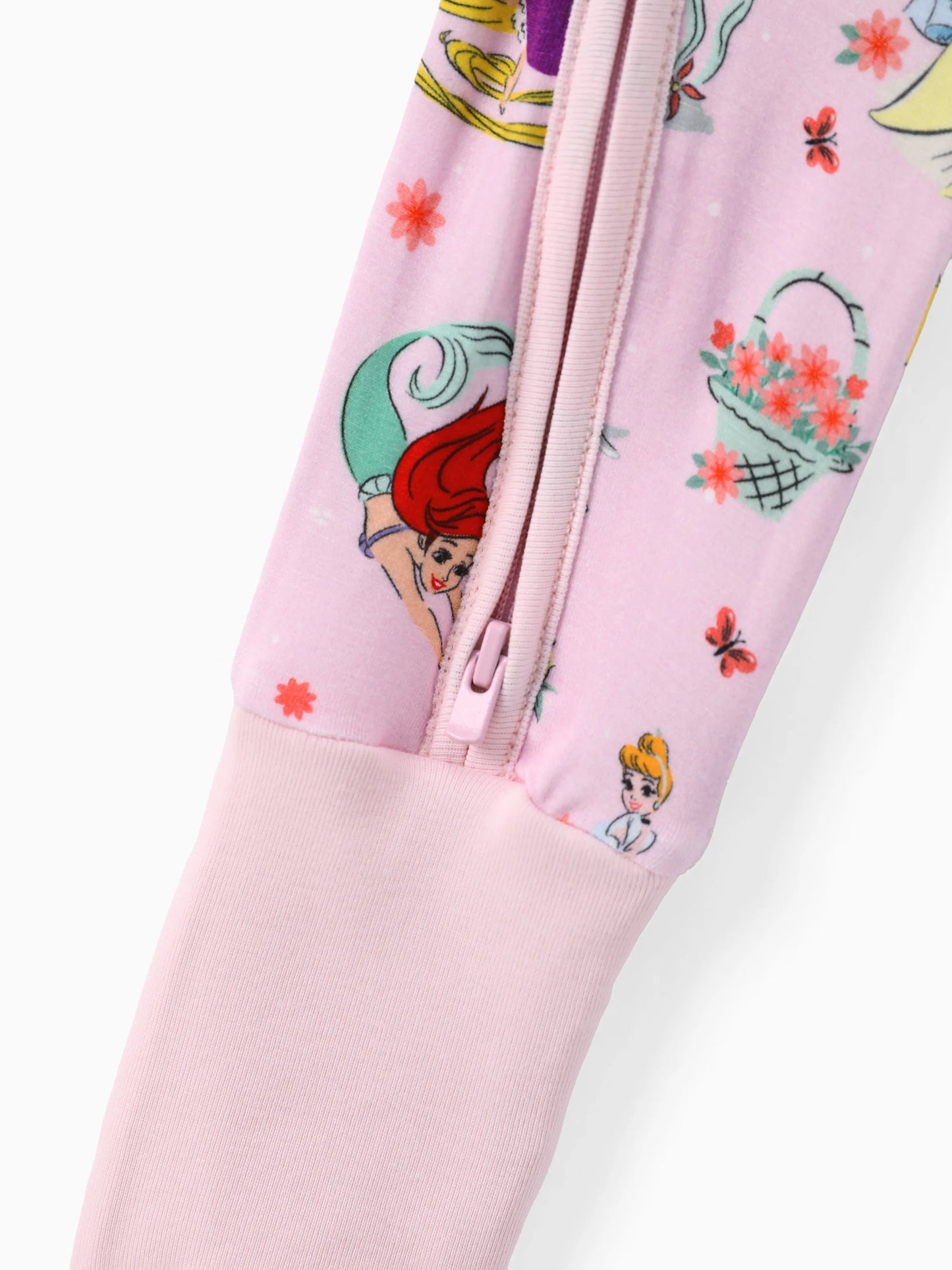 Disney Princess Bamboo Baby Girl Ariel/Belle/Tiana 2-Way Zip Onesies Anti Slip Long-sleeve Footie Pink