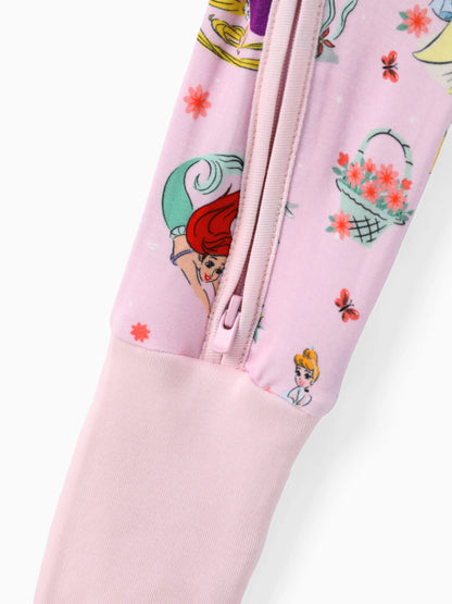 Disney Princess Bamboo Baby Girl Ariel/Belle/Tiana 2-Way Zip Onesies Anti Slip Long-sleeve Footie Pink