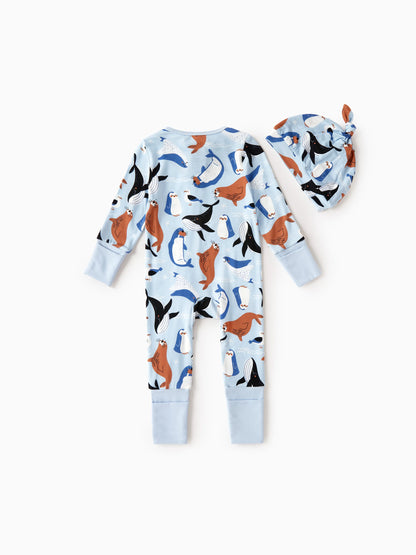 Bamboo Baby Boy/Girl Animal Printed 2-Way Zip Onesies Anti Slip Long-sleeve Footie with Hairband Royal Blue