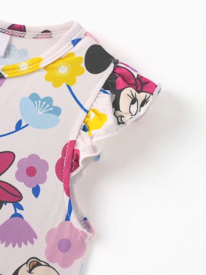 Disney Mickey and Friends Baby Girl 2pcs Minnie Bamboo Ruffled Allover Print Romper Hot Pink
