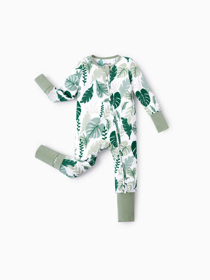 Bamboo Baby Boy/Girl 2-Pack Natural Animal or Plant Long Sleeve Romper 2-Way Zip Anti Slip Footie Green