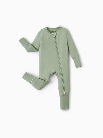 Bamboo Baby Boy/Girl 2-Pack Natural Animal or Plant Long Sleeve Romper 2-Way Zip Anti Slip Footie Green
