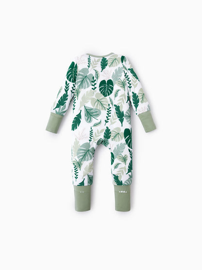 Bamboo Baby Boy/Girl 2-Pack Natural Animal or Plant Long Sleeve Romper 2-Way Zip Anti Slip Footie Green