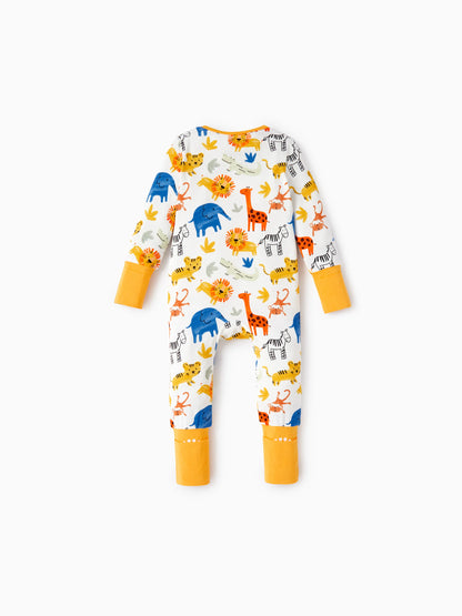 Bamboo Baby Boy/Girl Cartoon Printed 2-Way Zip Onesies Anti Slip Long-sleeve Footie Yellow