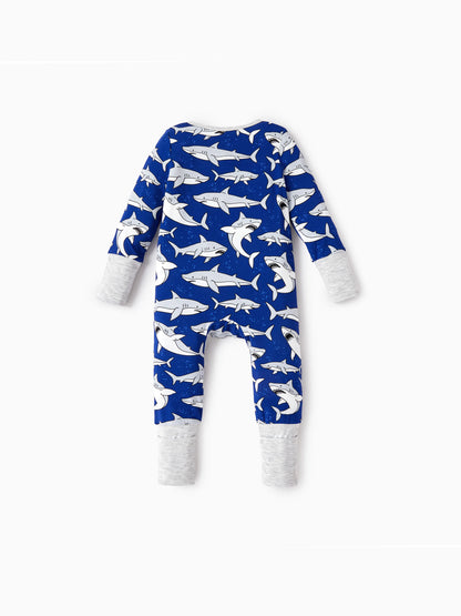 Bamboo Baby Boy/Girl Cartoon Printed 2-Way Zip Onesies Anti Slip Long-sleeve Footie Deep Blue
