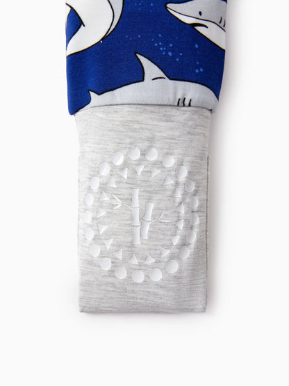 Bamboo Baby Boy/Girl Cartoon Printed 2-Way Zip Onesies Anti Slip Long-sleeve Footie Deep Blue
