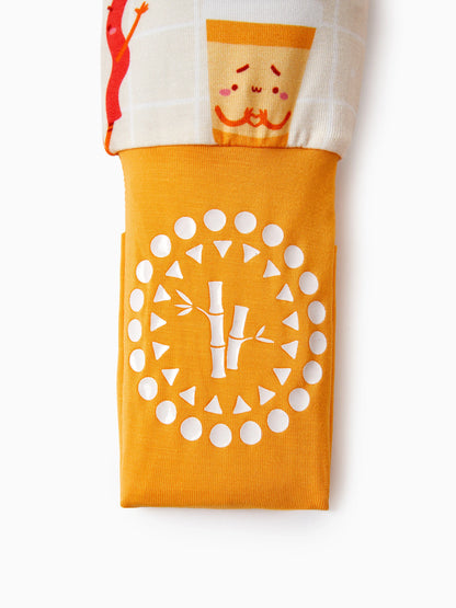 Bamboo Baby Boy/Girl Cartoon Printed 2-Way Zip Onesies Anti Slip Long-sleeve Footie Pale Yellow