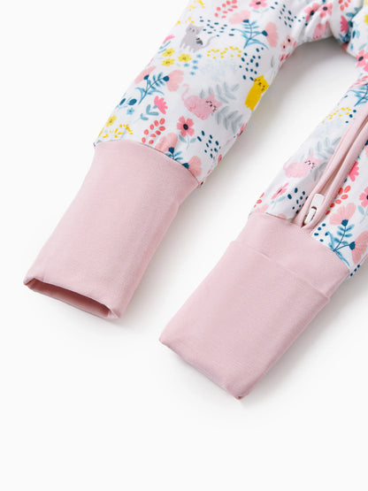 Bamboo Baby Girl Elegant Printed 2-Way Zip Onesies Anti Slip Long-sleeve Footie with Hairband Light Pink