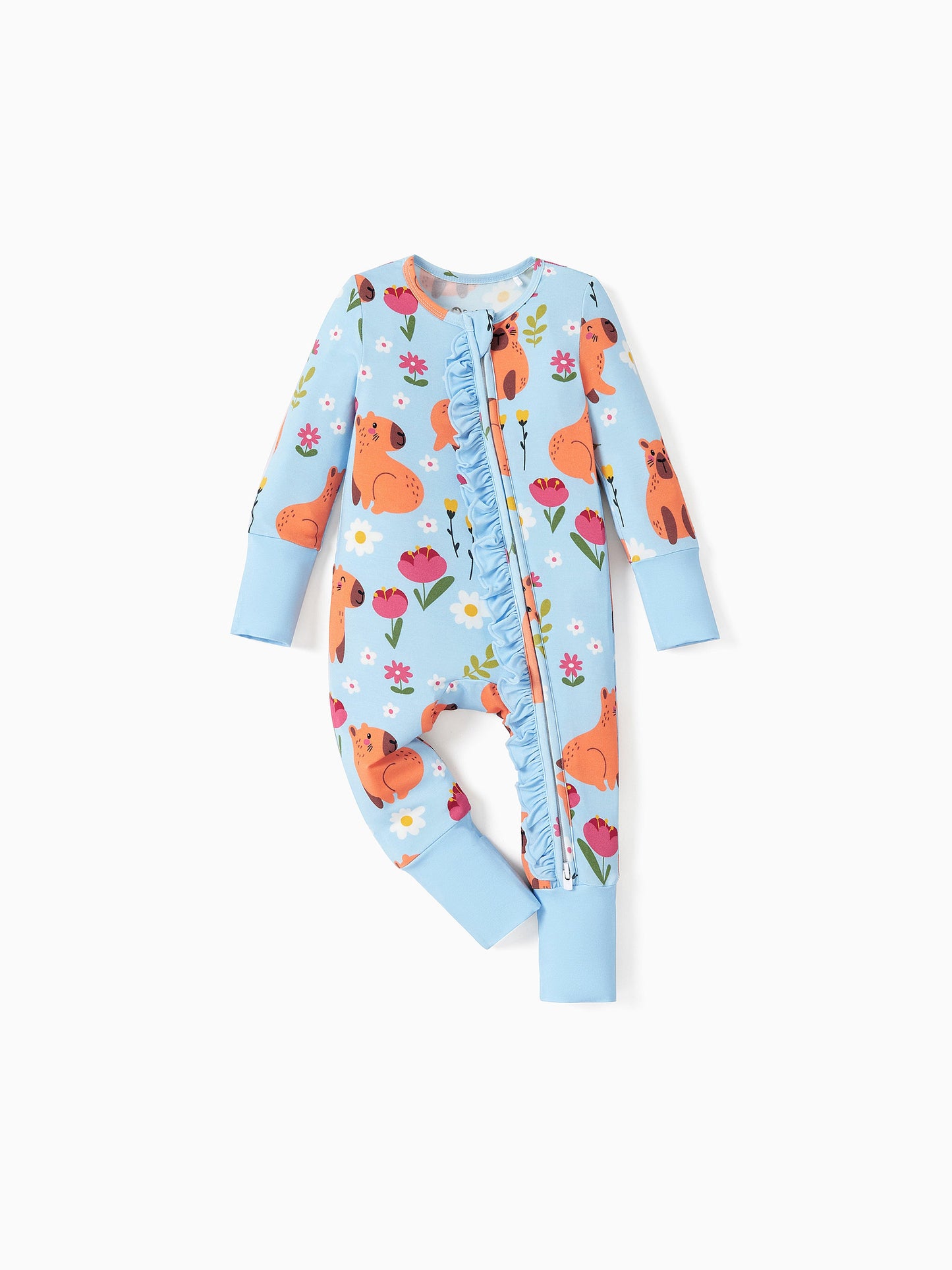 Bamboo Baby Boy/Girl Animal Printed 2-Way Zipper Anti Slip Long-sleeve Footie with/without Hairband Turquoise