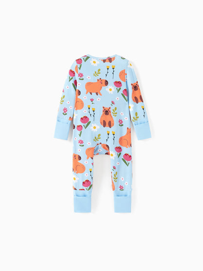 Bamboo Baby Boy/Girl Animal Printed 2-Way Zipper Anti Slip Long-sleeve Footie with/without Hairband Turquoise