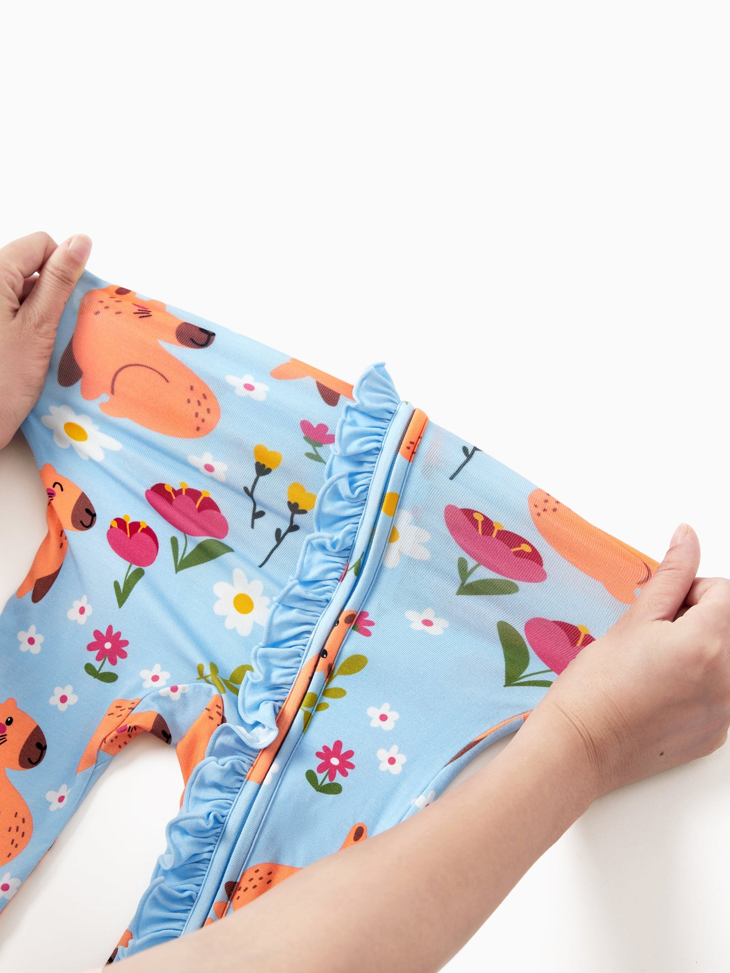 Bamboo Baby Boy/Girl Animal Printed 2-Way Zipper Anti Slip Long-sleeve Footie with/without Hairband Turquoise