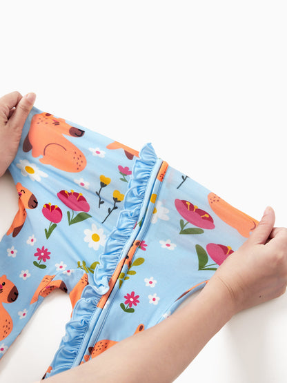Bamboo Baby Boy/Girl Animal Printed 2-Way Zipper Anti Slip Long-sleeve Footie with/without Hairband Turquoise