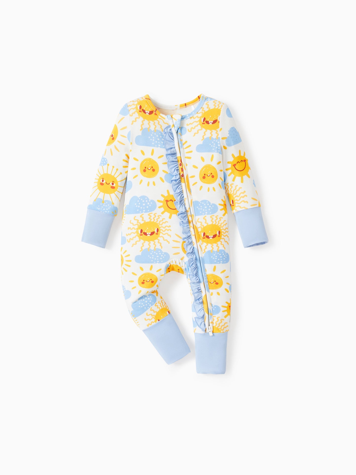 Bamboo Baby Boy/Girl Animal Printed 2-Way Zipper Anti Slip Long-sleeve Footie with/without Hairband Light Blue