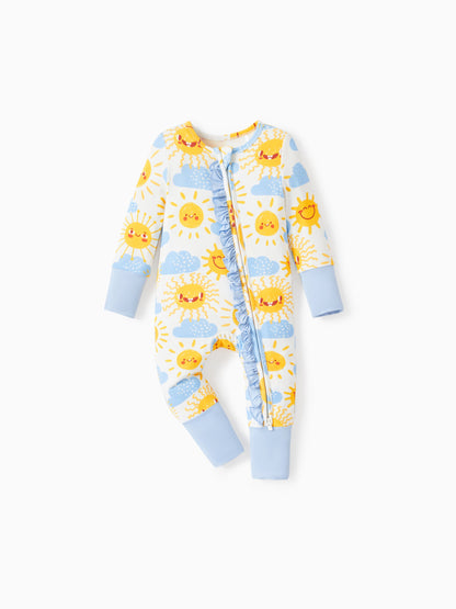 Bamboo Baby Boy/Girl Animal Printed 2-Way Zipper Anti Slip Long-sleeve Footie with/without Hairband Light Blue