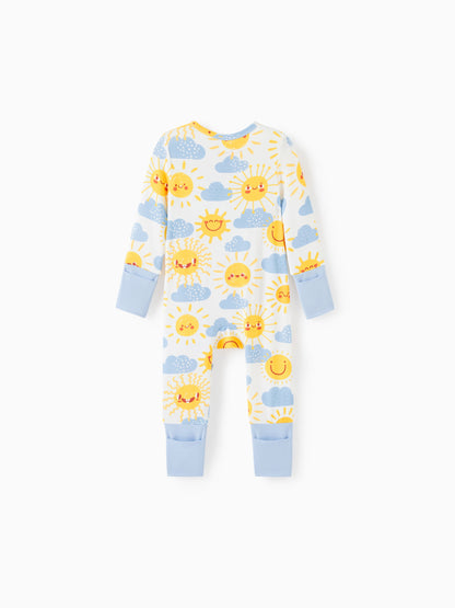 Bamboo Baby Boy/Girl Animal Printed 2-Way Zipper Anti Slip Long-sleeve Footie with/without Hairband Light Blue
