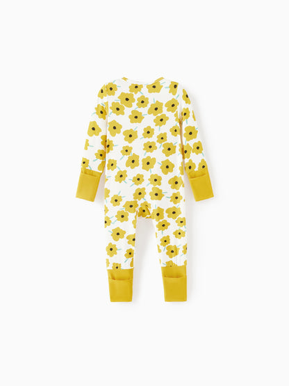 Bamboo Baby Boy/Girl Animal Printed 2-Way Zipper Anti Slip Long-sleeve Footie with/without Hairband Yellow