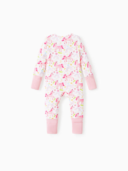 Bamboo Baby Boy/Girl Animal Printed 2-Way Zipper Anti Slip Long-sleeve Footie with/without Hairband Pink