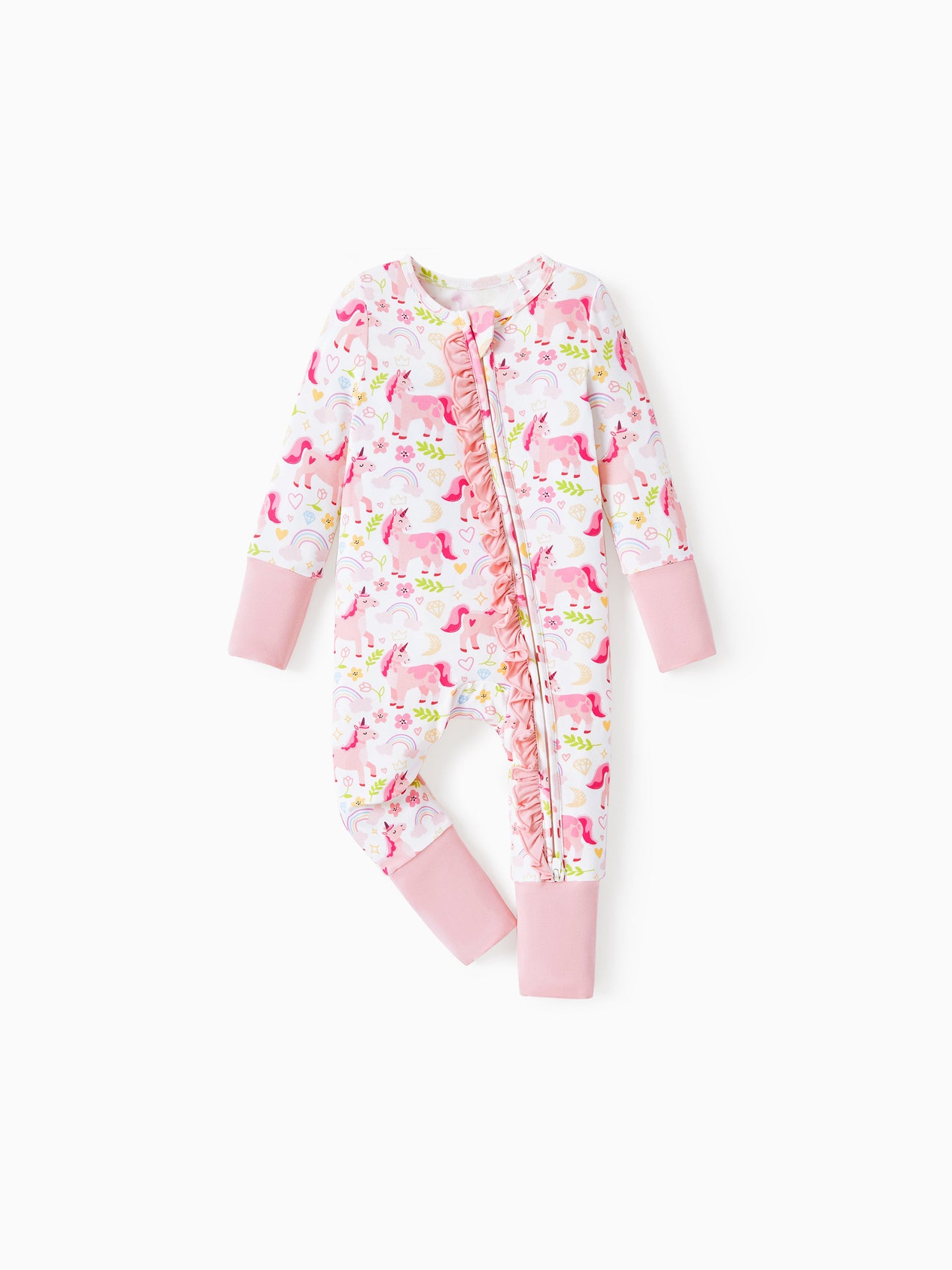 Bamboo Baby Boy/Girl Animal Printed 2-Way Zipper Anti Slip Long-sleeve Footie with/without Hairband Pink