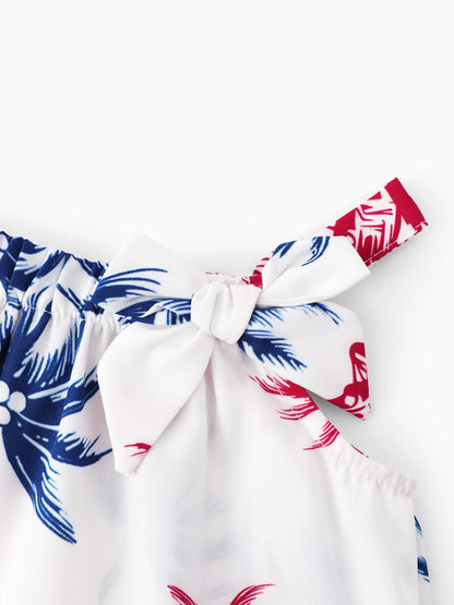 Independence Day Matching Family Outfits Red & Blue Palm Tree Print Hawaiian Vacation Clothes Summer Beach Shirt & Dress Set Multi-color