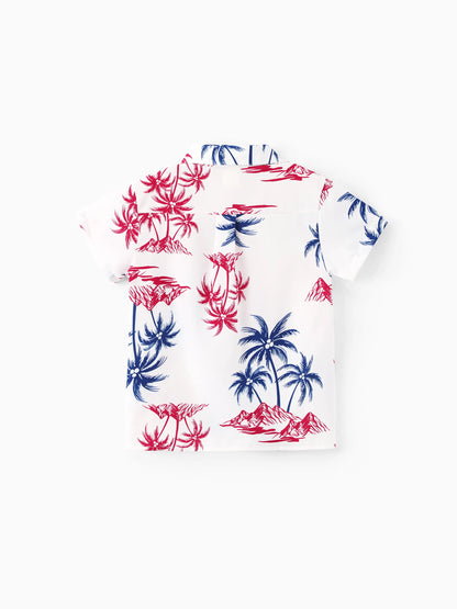 Independence Day Matching Family Outfits Red & Blue Palm Tree Print Hawaiian Vacation Clothes Summer Beach Shirt & Dress Set Multi-color