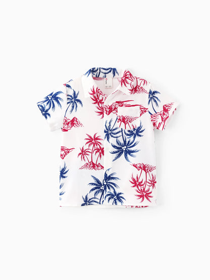 Independence Day Matching Family Outfits Red & Blue Palm Tree Print Hawaiian Vacation Clothes Summer Beach Shirt & Dress Set Multi-color