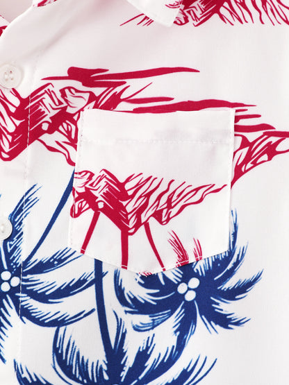 Independence Day Matching Family Outfits Red & Blue Palm Tree Print Hawaiian Vacation Clothes Summer Beach Shirt & Dress Set Multi-color