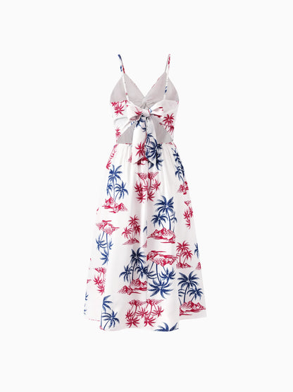 Independence Day Matching Family Outfits Red & Blue Palm Tree Print Hawaiian Vacation Clothes Summer Beach Shirt & Dress Set Multi-color