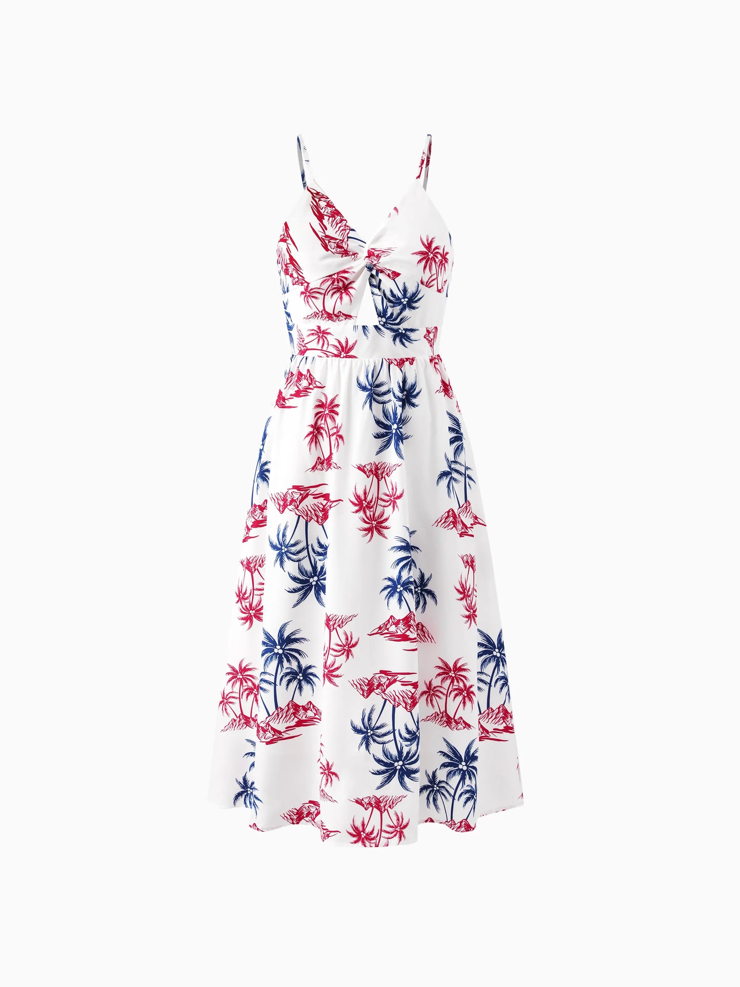 Independence Day Matching Family Outfits Red & Blue Palm Tree Print Hawaiian Vacation Clothes Summer Beach Shirt & Dress Set Multi-color