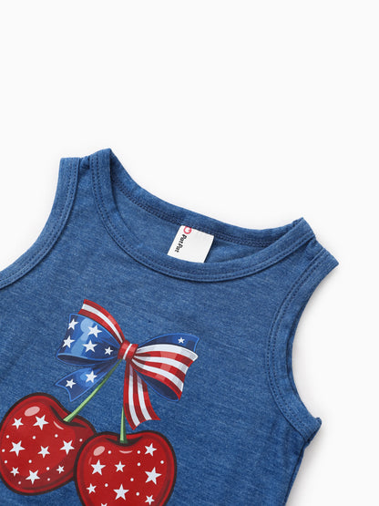 Independence Day Mommy and Me Patriotic Cherry Print Casual Sleeveless Dress Blue