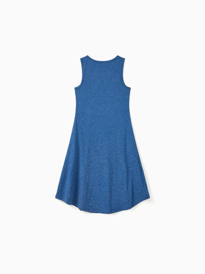 Independence Day Mommy and Me Patriotic Cherry Print Casual Sleeveless Dress Blue