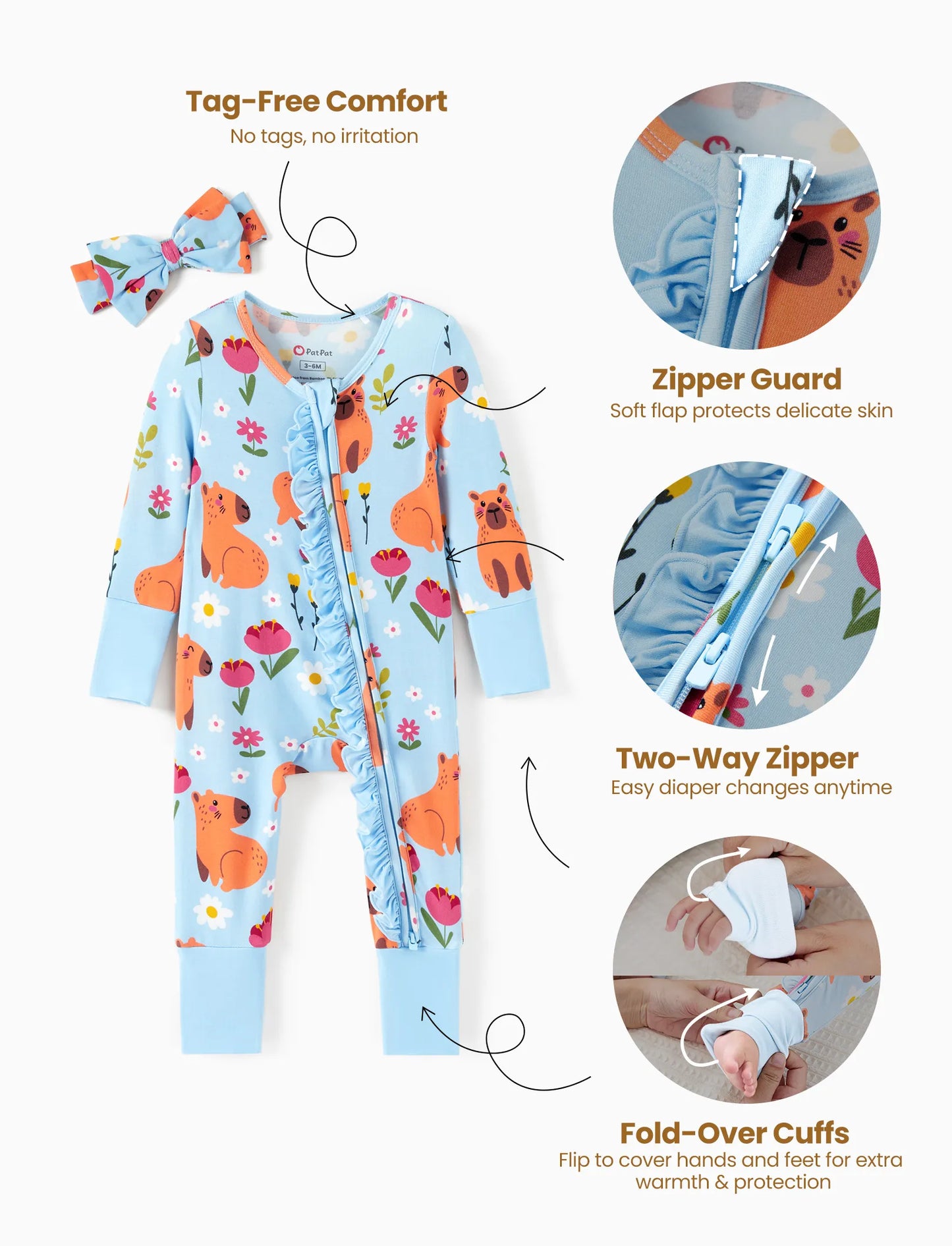 Bamboo Baby Boy/Girl Animal Printed 2-Way Zipper Anti Slip Long-sleeve Footie with/without Hairband Turquoise