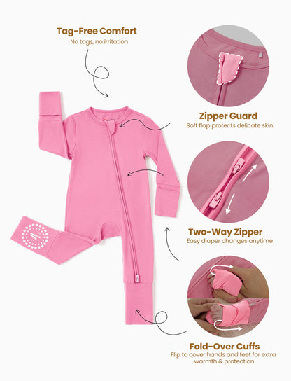 Bamboo Baby Boy / Girl 3-Pack Solid&Rainbow Printed 2-Way Zipper Anti Slip Long-sleeve Footie Pink