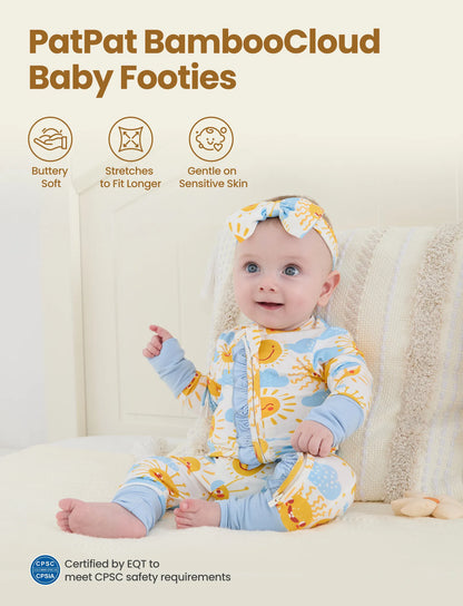 Bamboo Baby Boy/Girl Animal Printed 2-Way Zipper Anti Slip Long-sleeve Footie with/without Hairband Light Blue