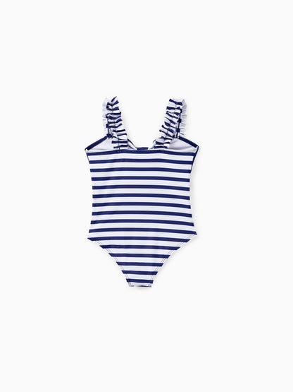 Funny Disney Mickey and Friends Sibling Set Boy/Girl Minnie/Mickey Character Stripped Swimsuit Dark Blue