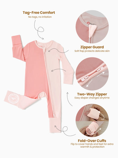 Bamboo Baby Boy / Girl Color Block 2-Way Zipper Anti Slip Long Sleeve Rompers Pink