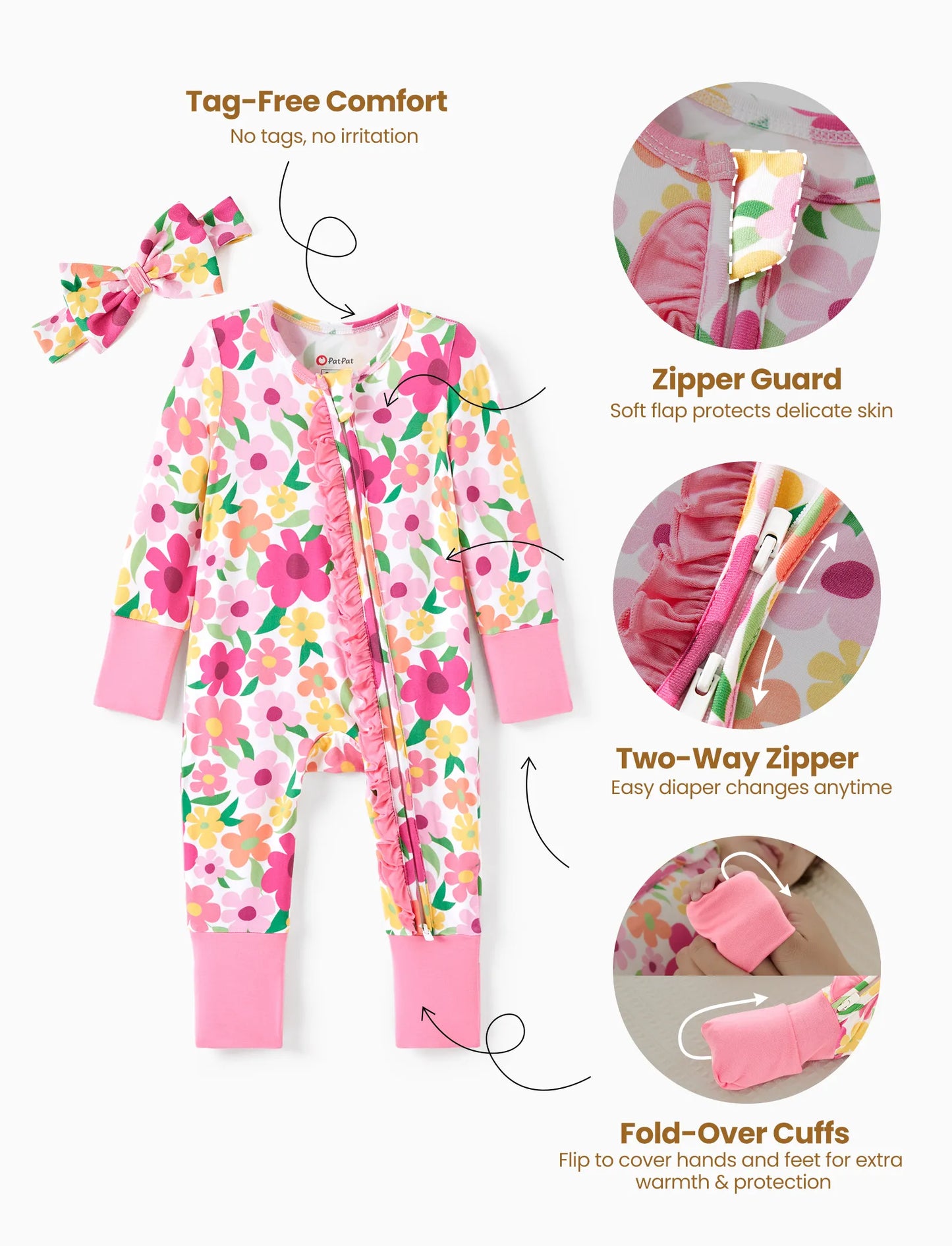 Bamboo Baby Boy/Girl Animal Printed 2-Way Zipper Anti Slip Long-sleeve Footie with/without Hairband Dark Pink