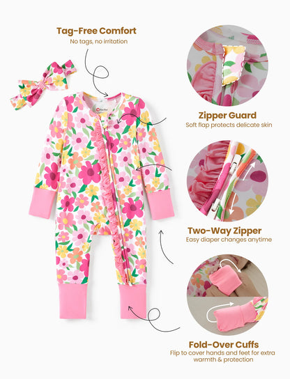 Bamboo Baby Boy/Girl Animal Printed 2-Way Zipper Anti Slip Long-sleeve Footie with/without Hairband Dark Pink