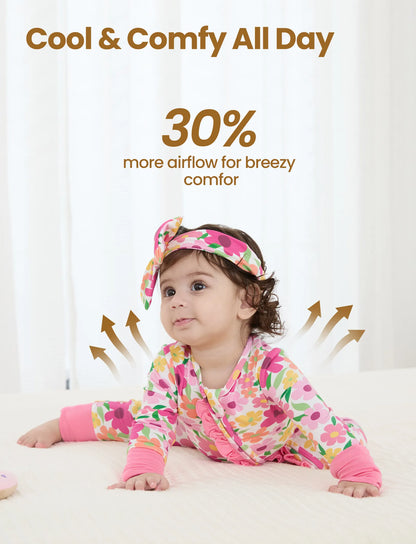 Bamboo Baby Boy/Girl Animal Printed 2-Way Zipper Anti Slip Long-sleeve Footie with/without Hairband Dark Pink